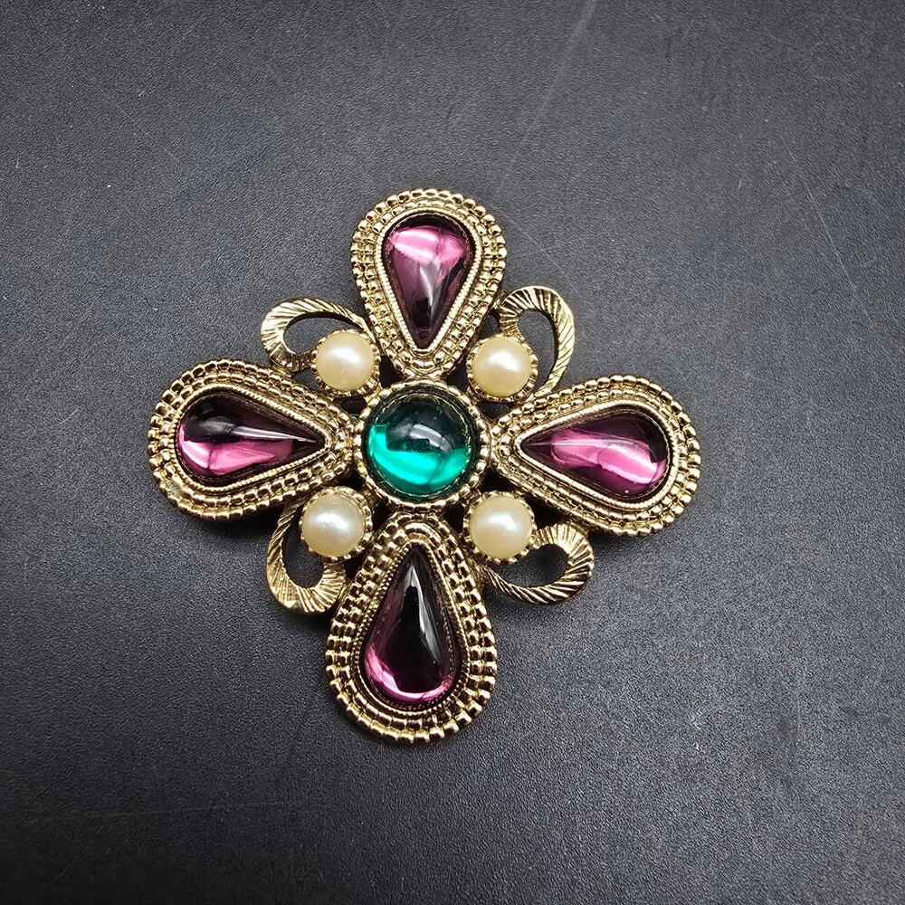 1928 Brand Purple Green Brooch Cross Faux Pearls Gold Tone Vintage